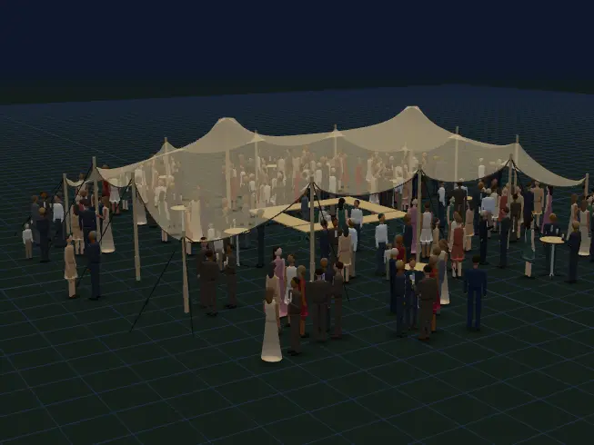 Location tente mariage Norabri : visualisation 3D d'une tente de réception aménagée